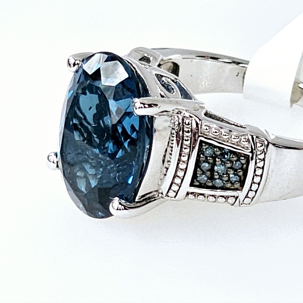 Natural London Blue Topaz & Teal Diamond Ring in Sterling Silver Sz 9! - Picture 5 of 16